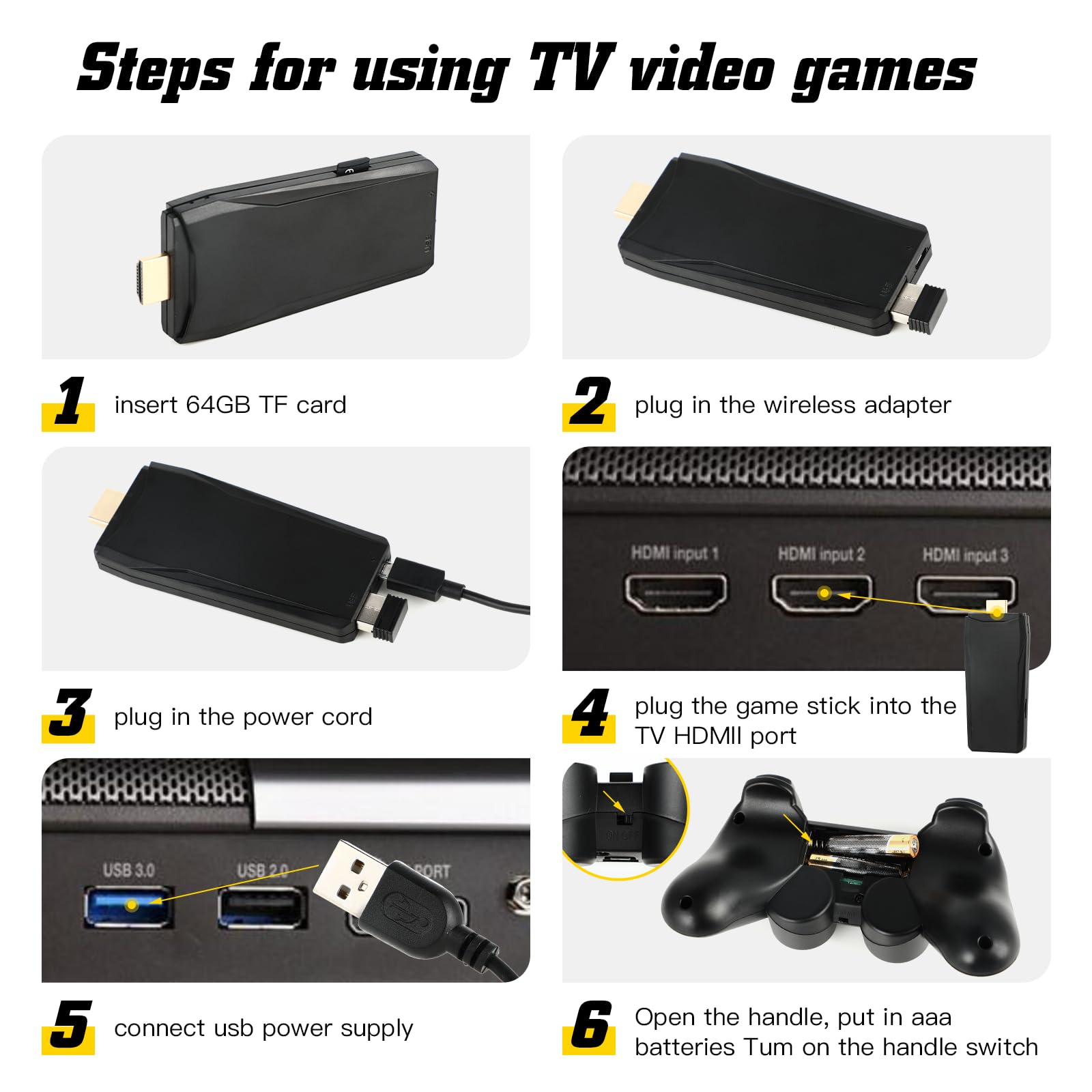 Retro game console packaging and included accessories
