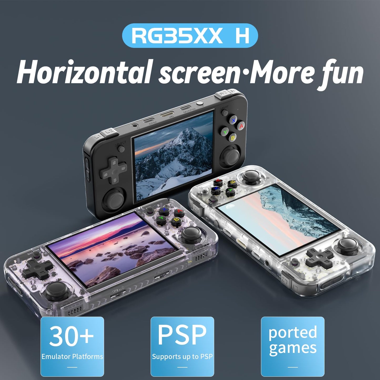 Anbernic RG35XX H handheld game console showing the 3.5 inch IPS display active