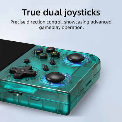 GiipGoop RG35XX Pro gaming console side profile showing buttons and ports