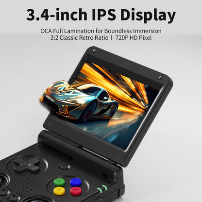 Side profile of GiipGoop RG34XXSP gaming console showing buttons