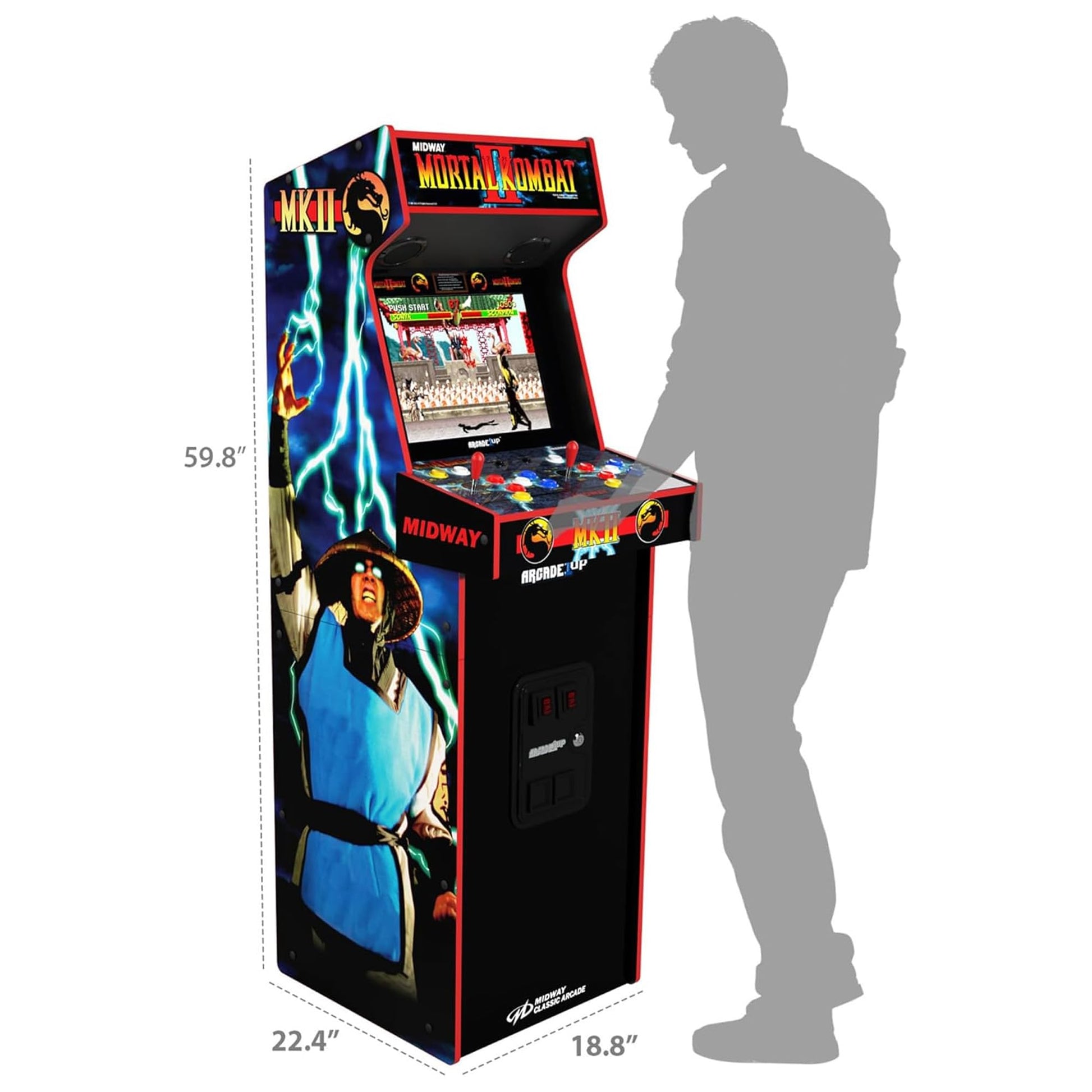 Side panel artwork of Raiden on Arcade1Up Mortal Kombat cabinet