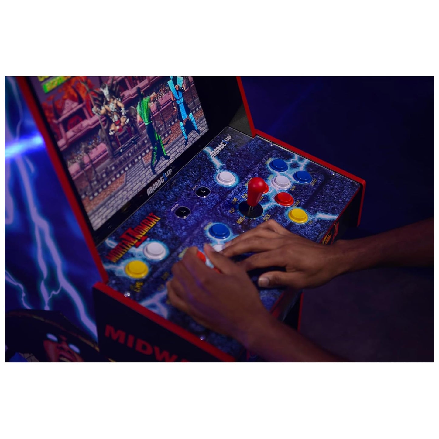 Arcade1Up Mortal Kombat Deluxe machine in a home game room