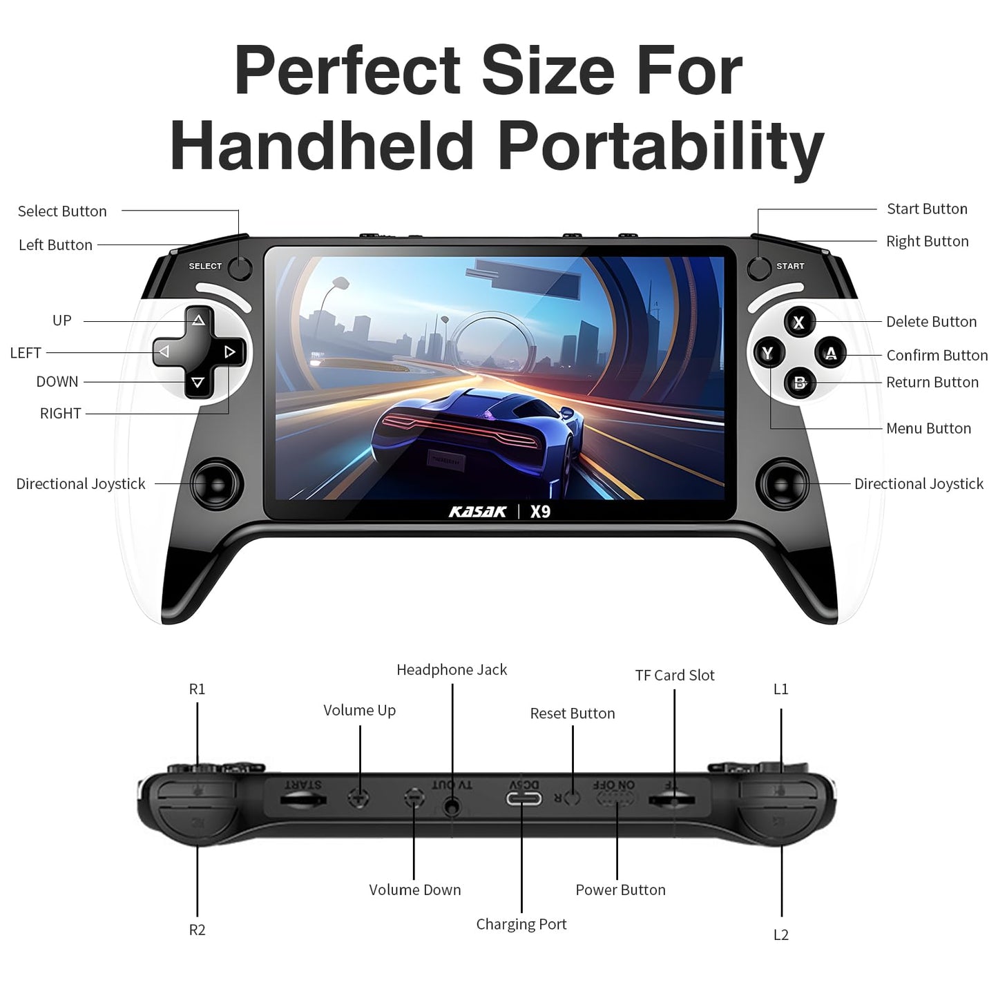 Back view of Kasak X9 handheld gaming console