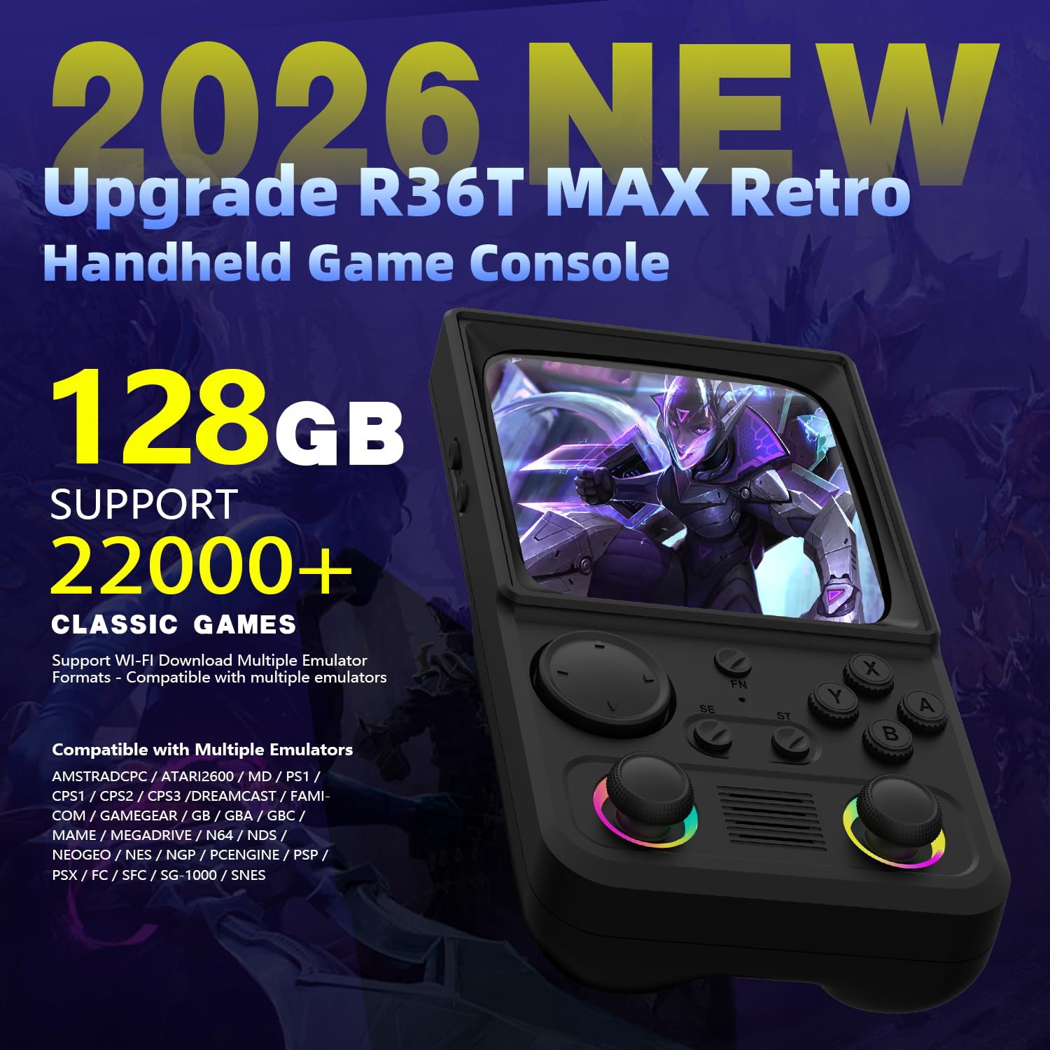 AQHH R36TMAX handheld console showing 4 inch IPS screen game interface