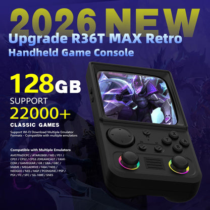 AQHH R36TMAX handheld console showing 4 inch IPS screen game interface