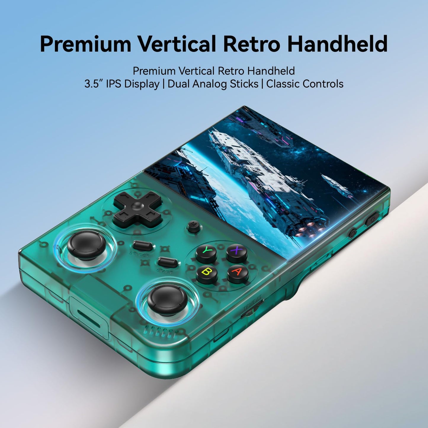 RG35XX Pro handheld console showing dual analog sticks and buttons