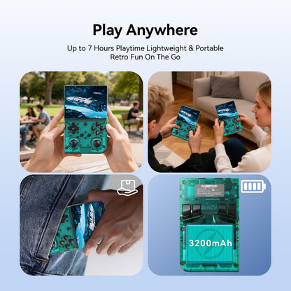 Transparent teal Gatbgefu RG35XX Pro handheld gaming device lifestyle shot
