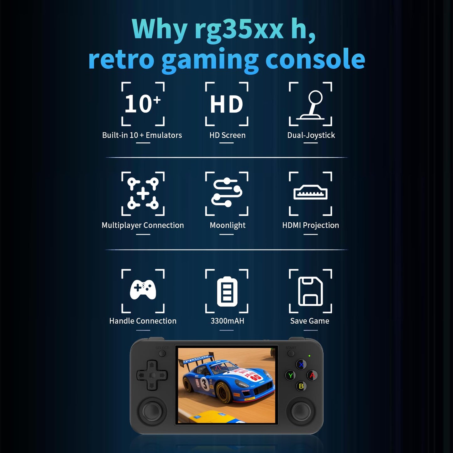 Anbernic RG35XX H retro console displaying 3.5-inch IPS screen