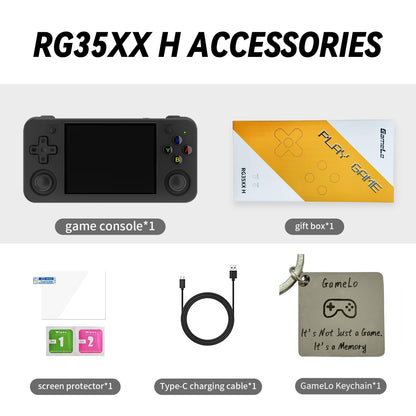 Anbernic RG35XX H gaming console with included accessories