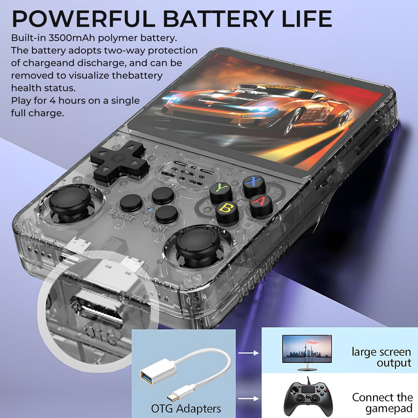 Back view of the LncBoc R36s Pro gaming console showcasing the transparent shell design.