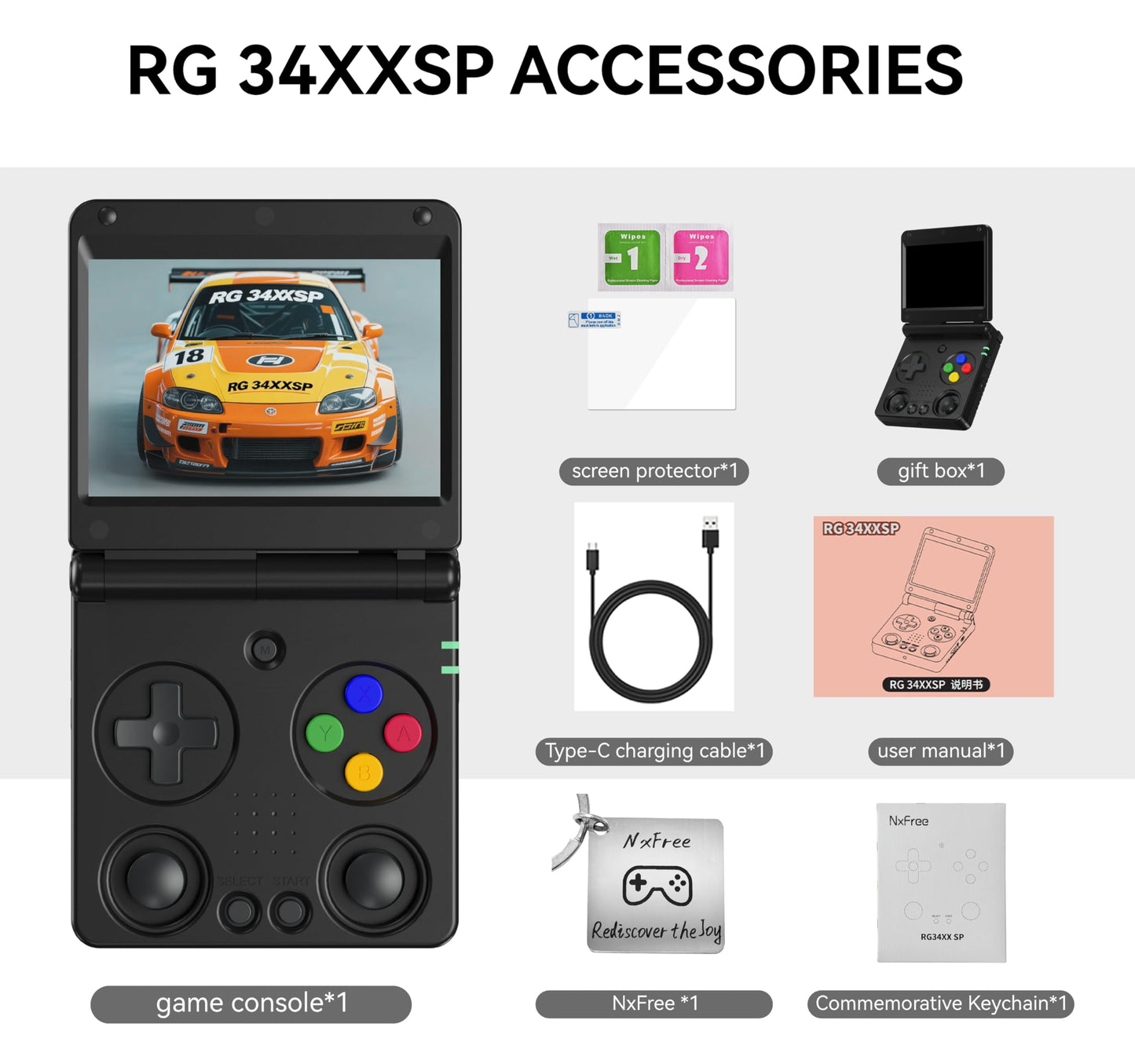 NxFree Anbernic RG34XXSP console with game interface on screen