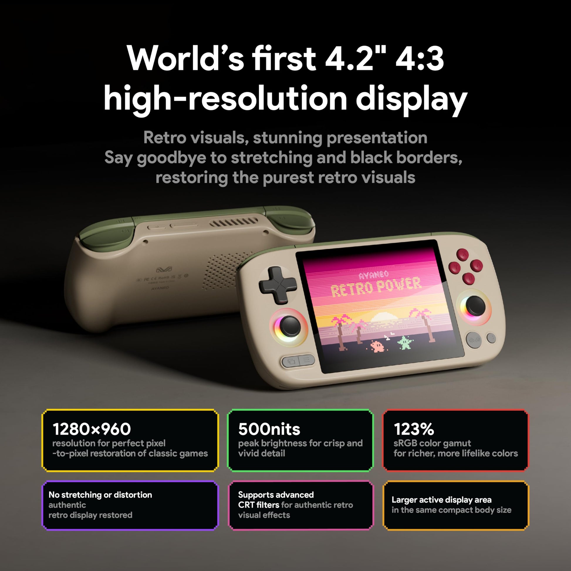 Close up of Ayaneo Pocket Air Mini 4.2 inch 4:3 screen displaying retro game graphics