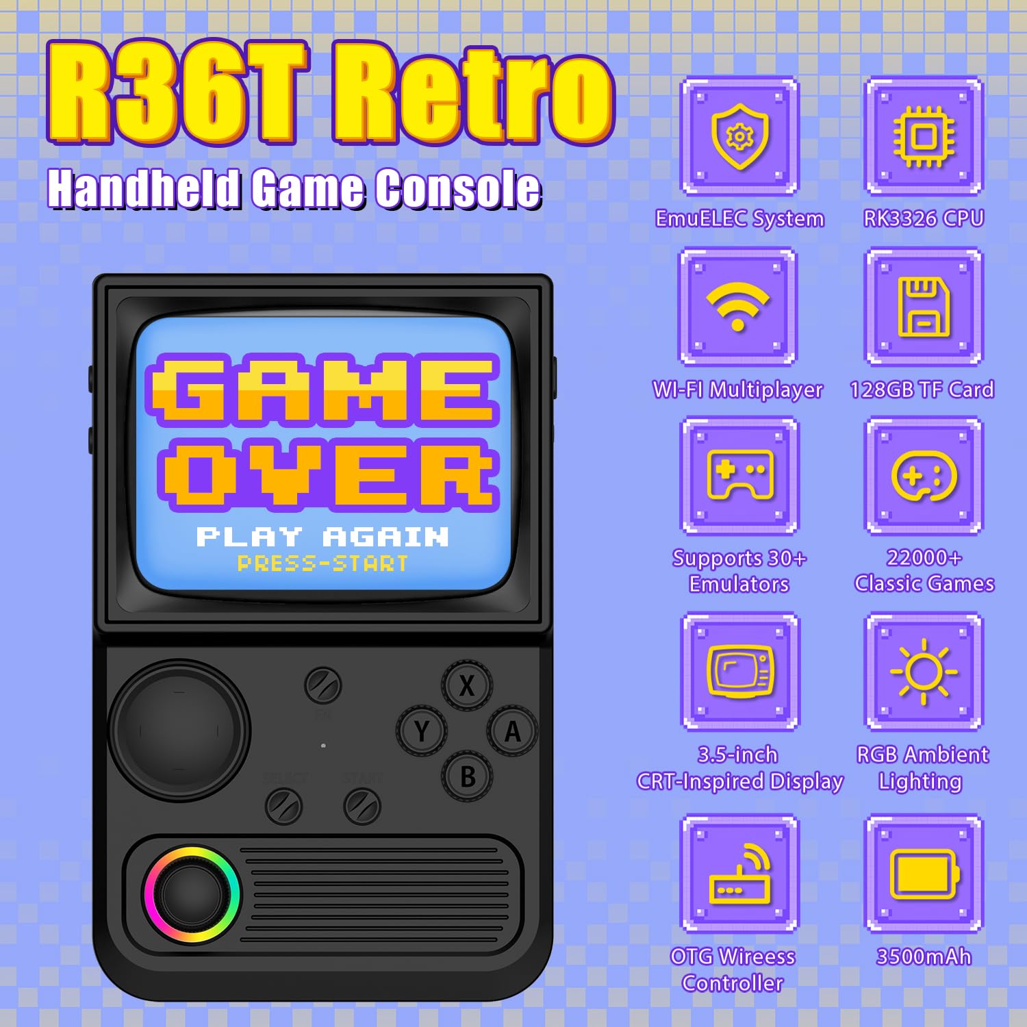 AISLPC R36T handheld console showing retro racing game display