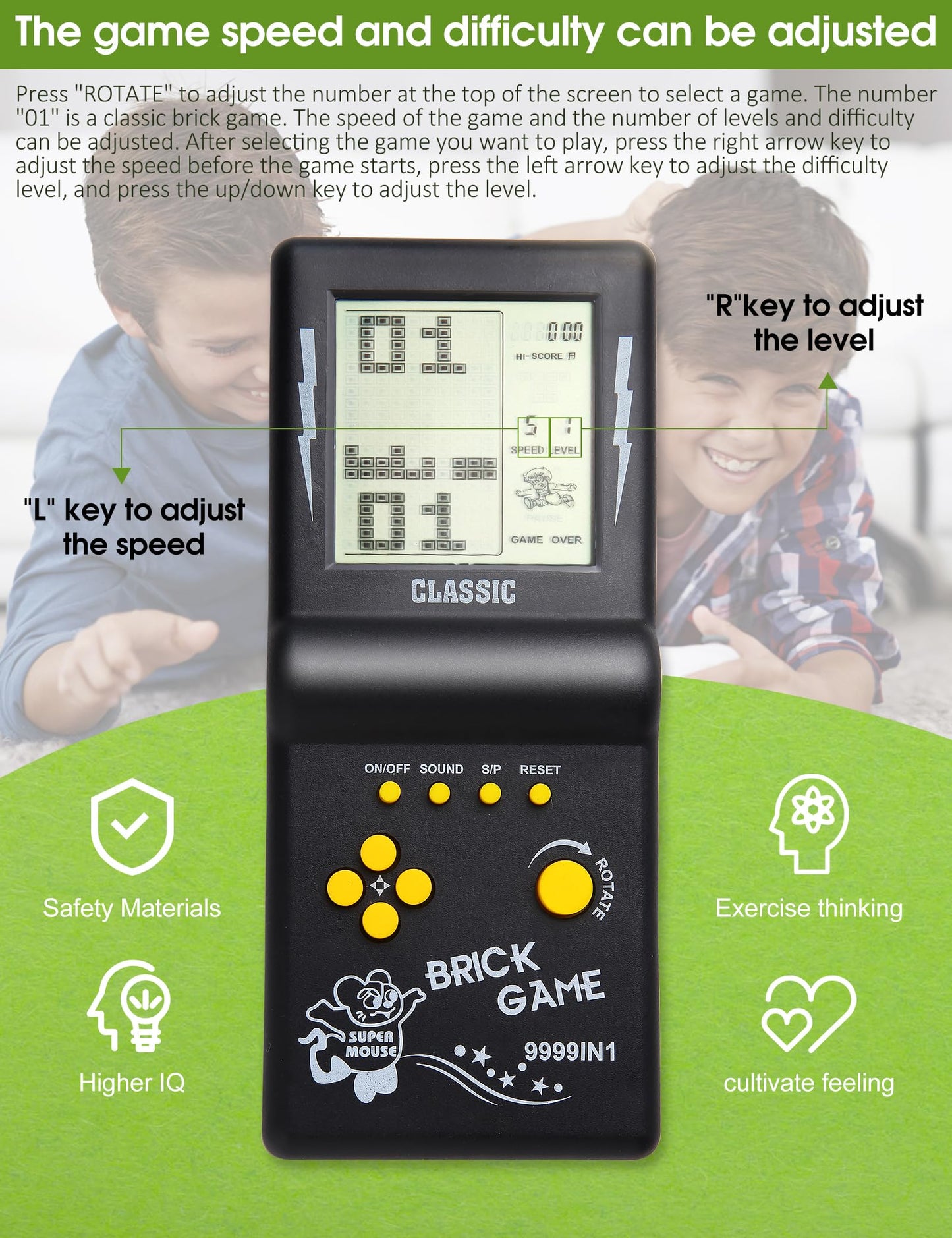 HLF 80s style brick game console display showing classic game