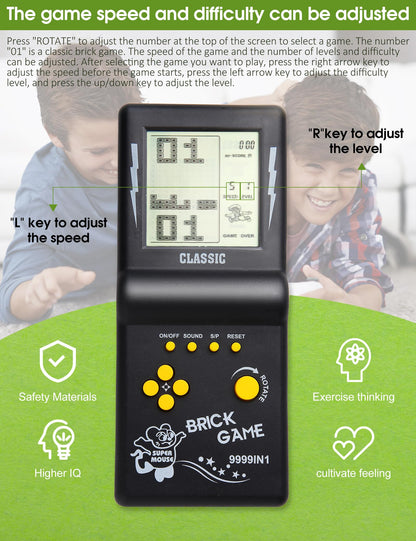 HLF 80s style brick game console display showing classic game