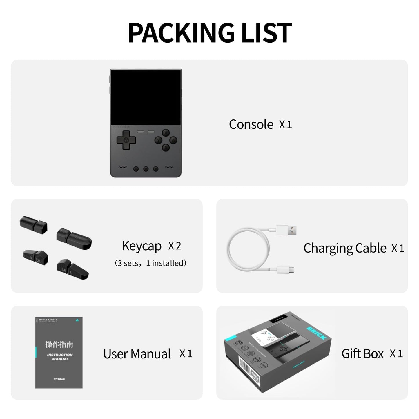 Packaging and included accessories for Ampown Trimui Brick Hammer