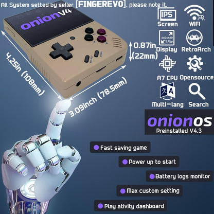 Fingerevo Miyoo Mini Plus console displaying 3.5 inch IPS screen