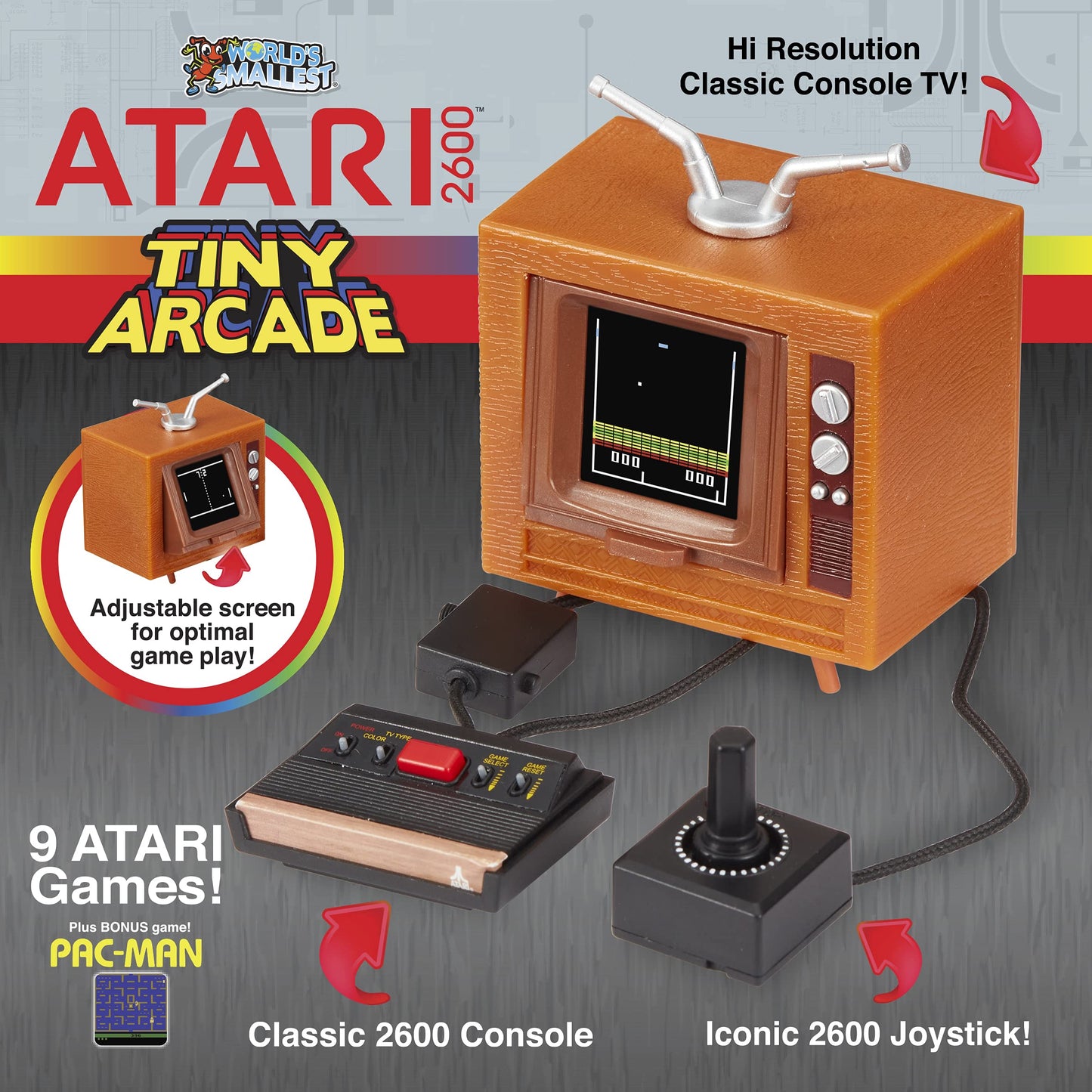 Tiny Arcade Atari 2600 packaging showing included game list