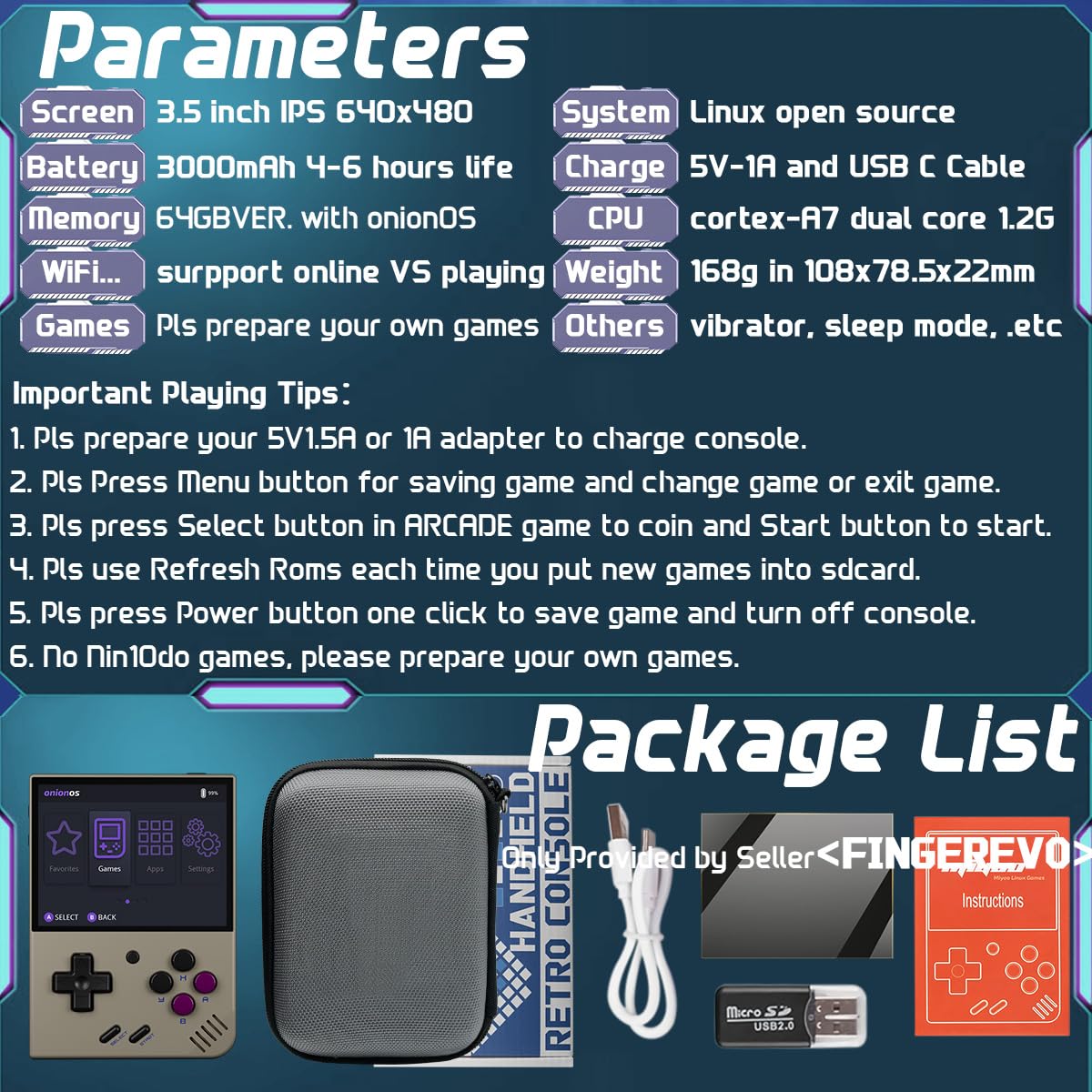 Fingerevo Miyoo Mini Plus retro gaming handheld in professional packaging