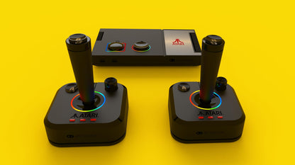 Two wireless Atari joysticks with RGB LED lights enabled.