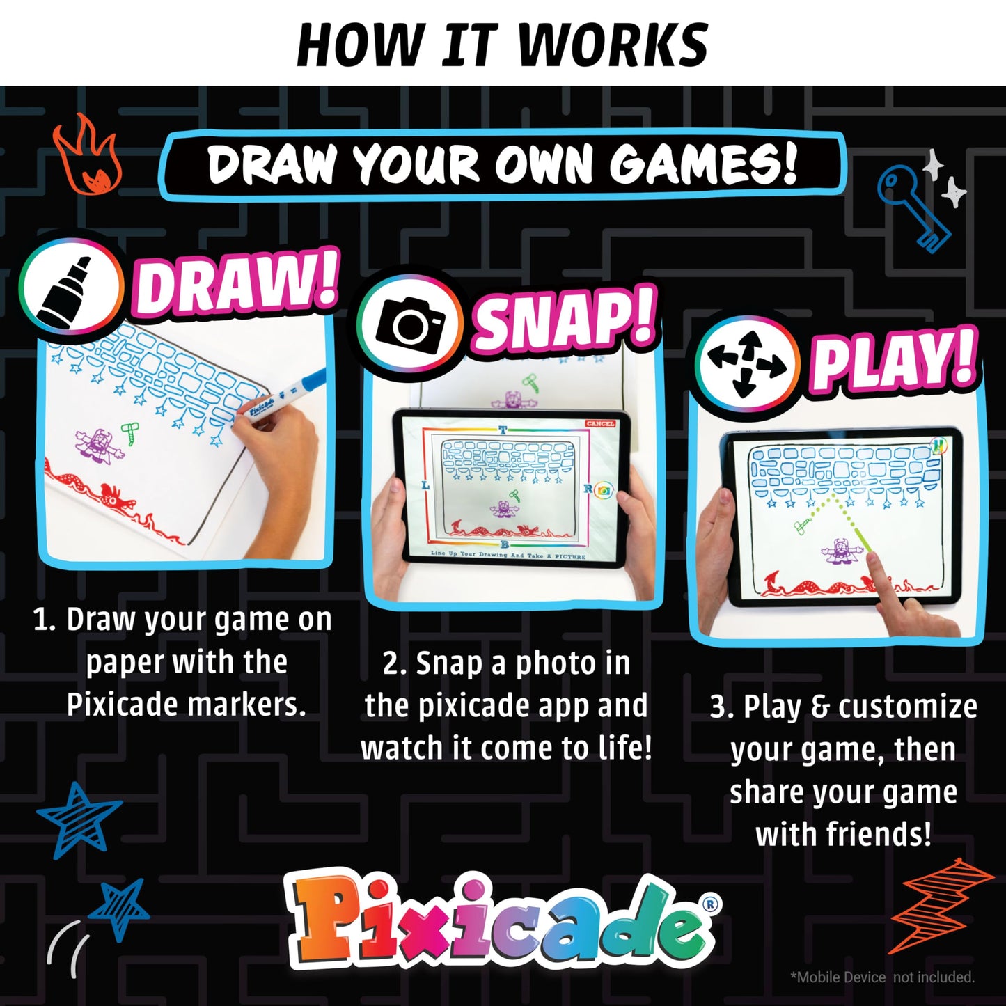 Pixicade app interface showing animated game on smartphone