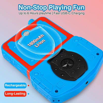 Kid playing with Snonbros portable gaming console travel toy