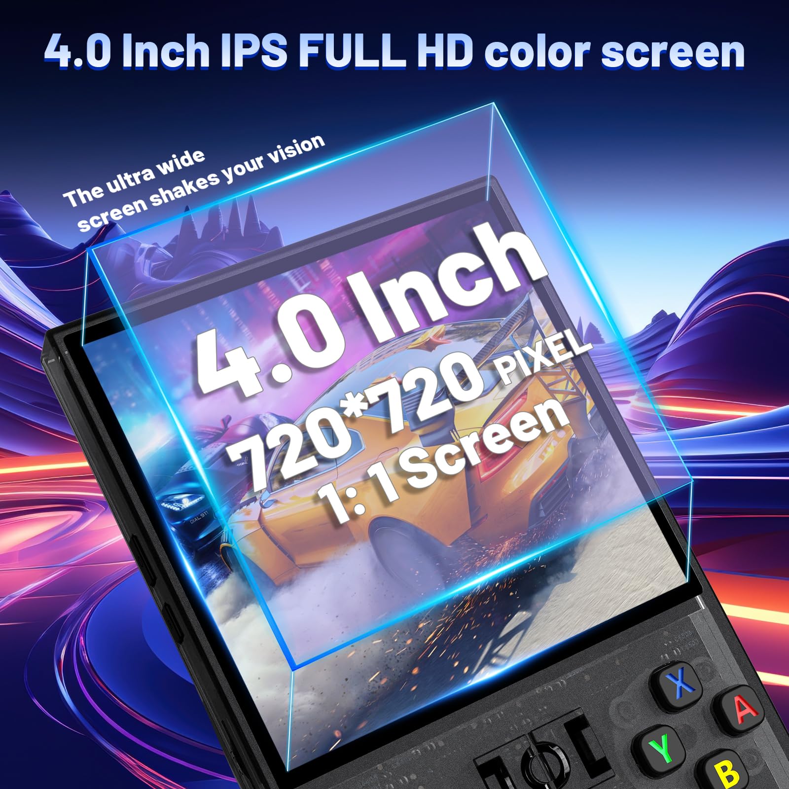 Close up of R36MAX 4 inch IPS screen displaying classic gaming menu