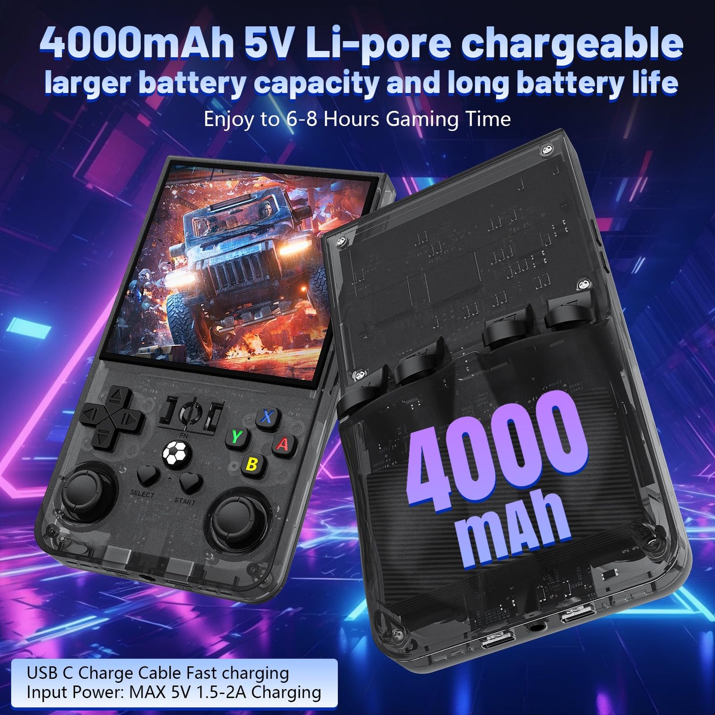 Rear view of R36MAX portable gaming console with battery label
