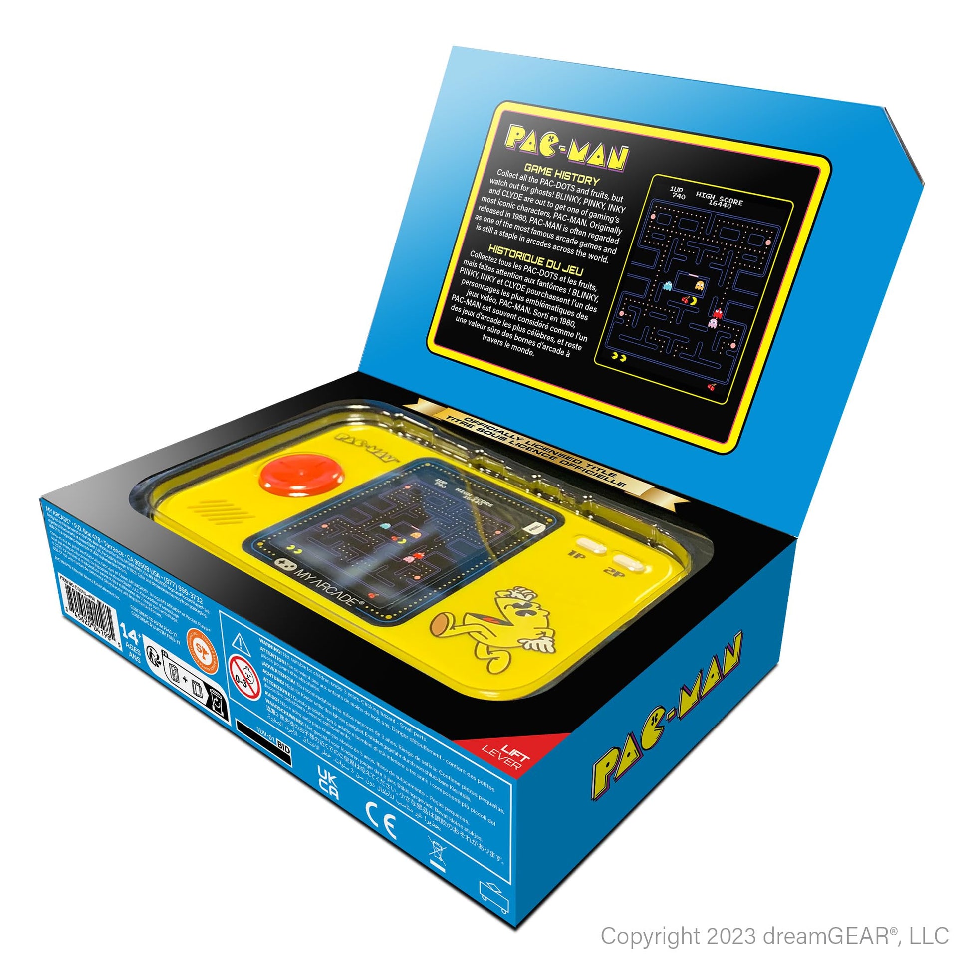 Close up of 2.75 inch color display on Pac-Man portable console