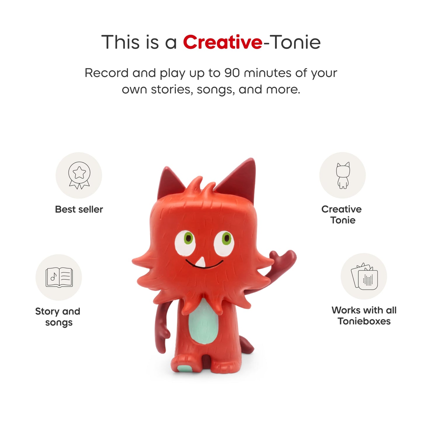Authentic Tonies recordable figurine packaging showcasing ninety minutes audio space feature