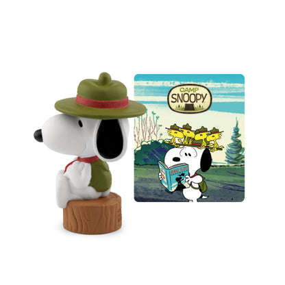 Tonies Peanuts Camp Snoopy Audio Toy Figurine standing on a Toniebox player