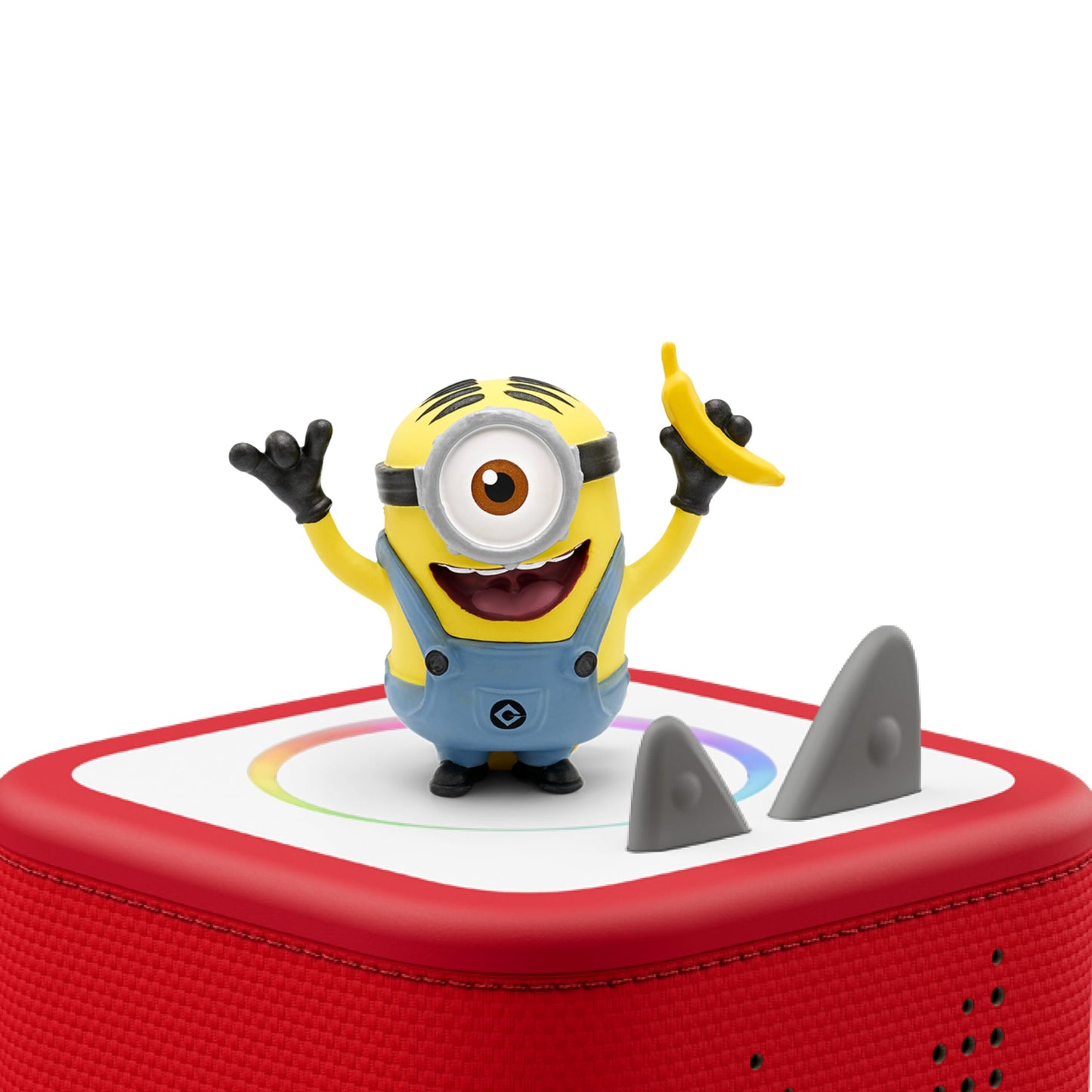 Authentic Tonies Despicable Me interactive story character placed on top of a Toniebox speaker.
