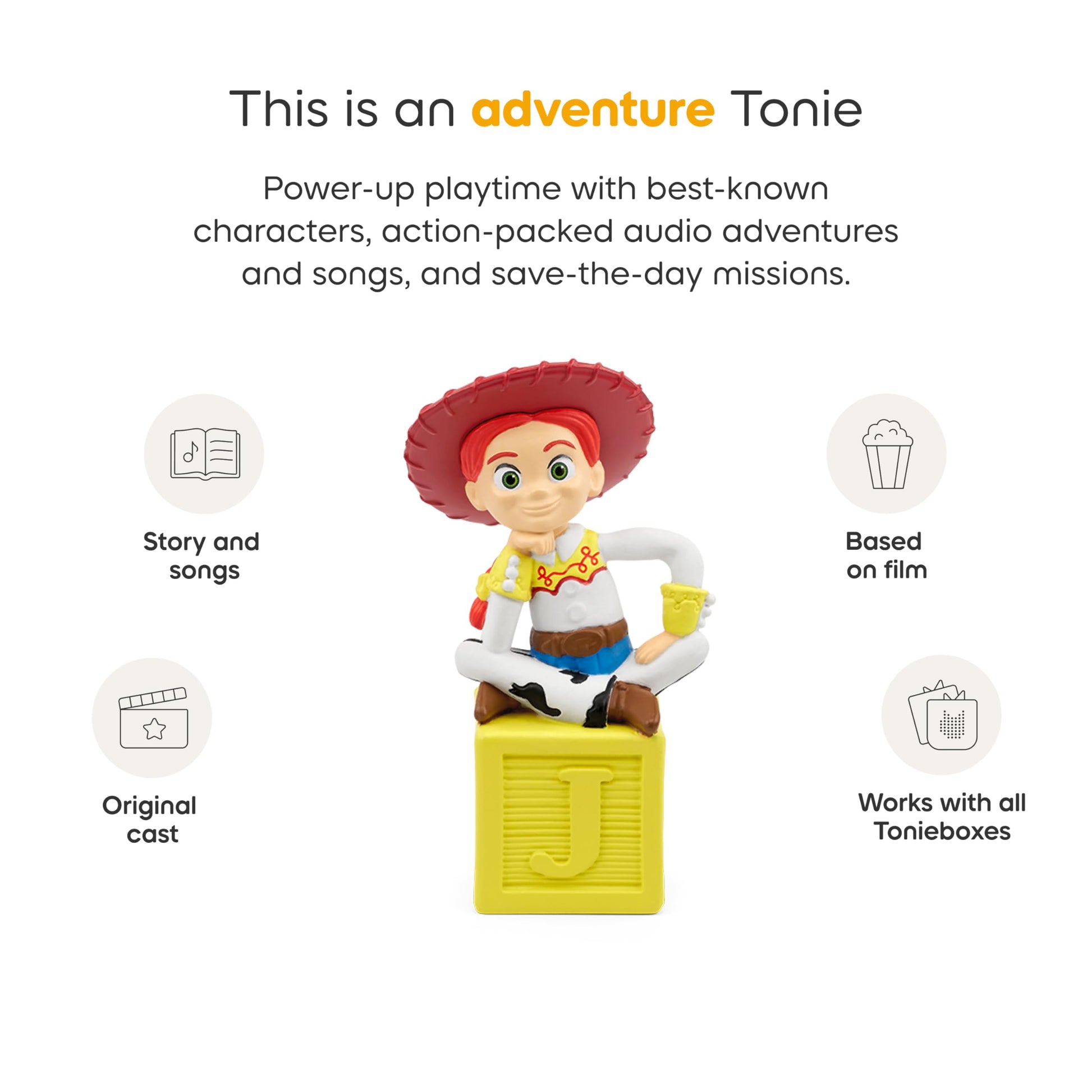 Durable Tonies Jessie toy story three and four character figure showing its battery free design.
