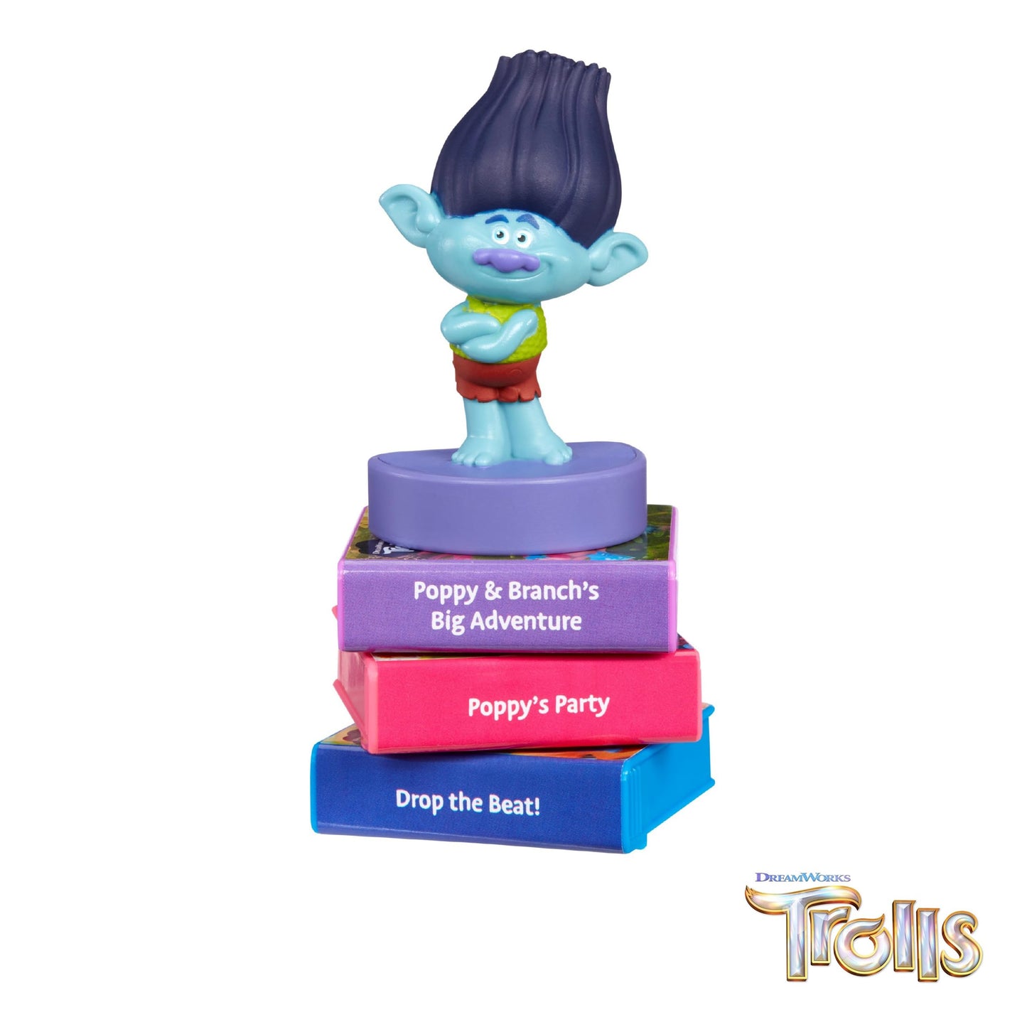 Trolls story text and vibrant illustrations projected onto a dark room wall