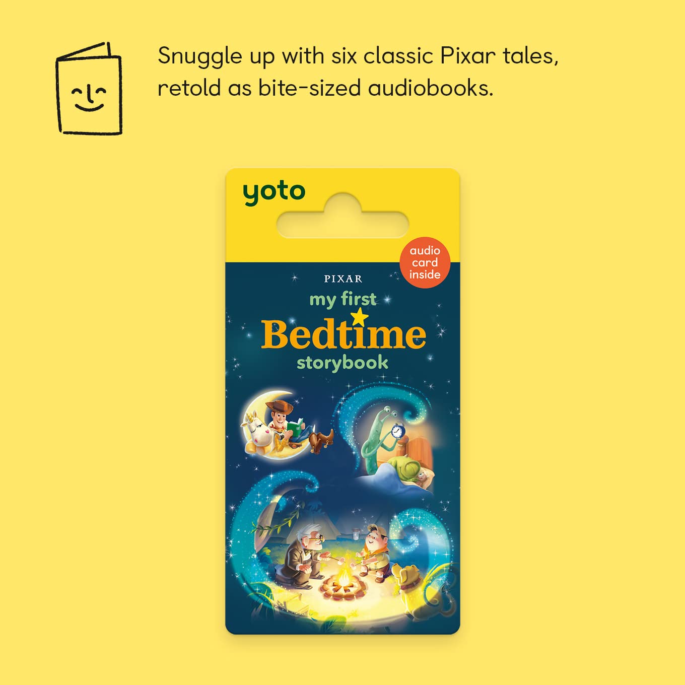Screen-free kids audio card featuring animated movie characters for bedtime listening