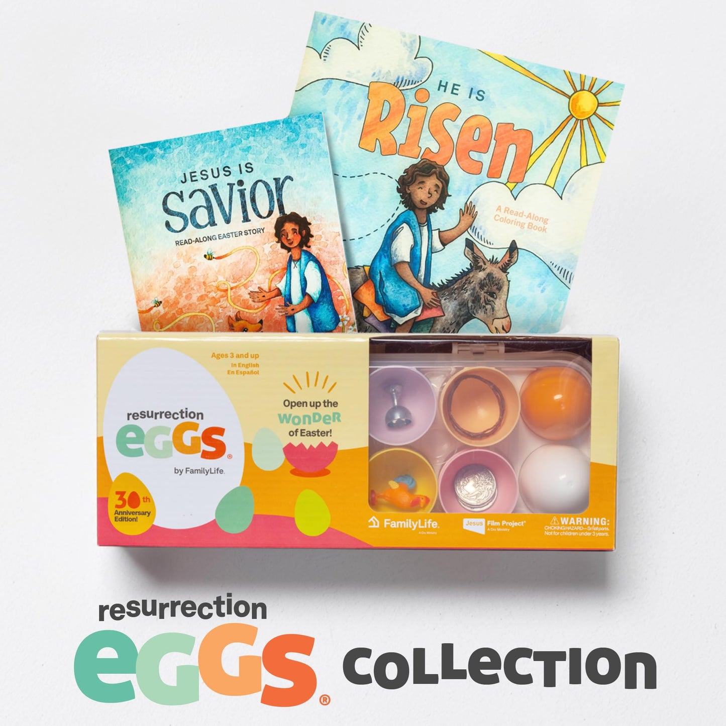 FAMILYLIFE Easter story set displaying twelve colored plastic eggs open with biblical symbols inside.