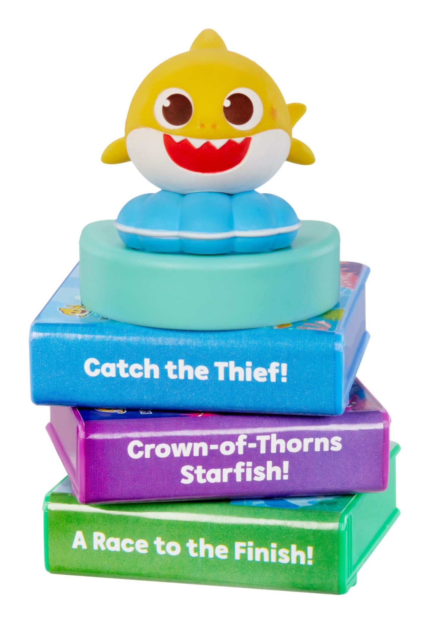 Three educational children's story cartridges from the Little Tikes Baby Shark Heroes series laid out on a clean background