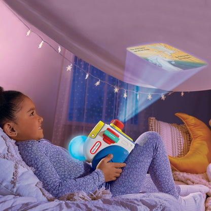 Unicorn figurine glowing in bedside nightlight mode on the projector base
