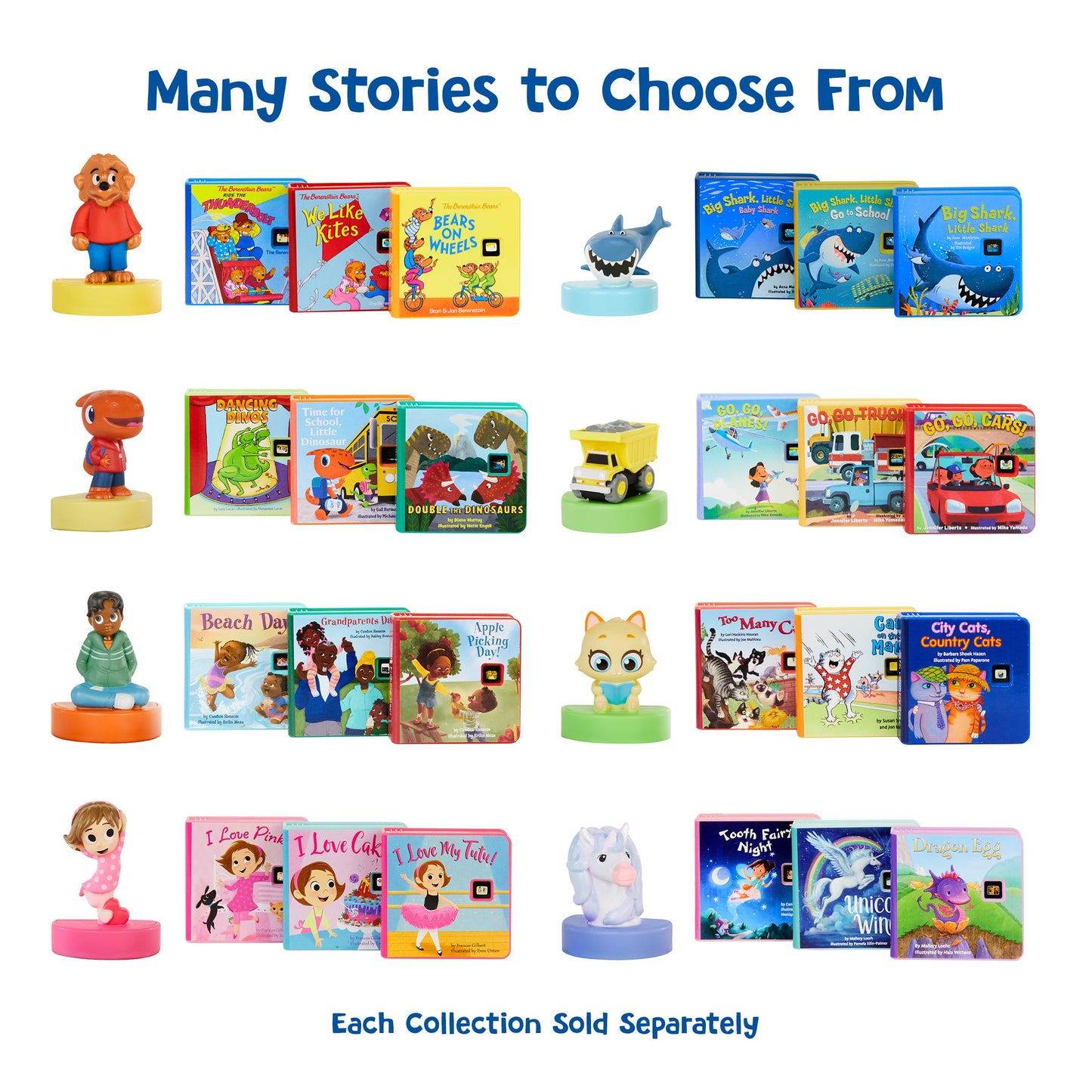 Kid friendly audio play character and story packs inside the retail display box