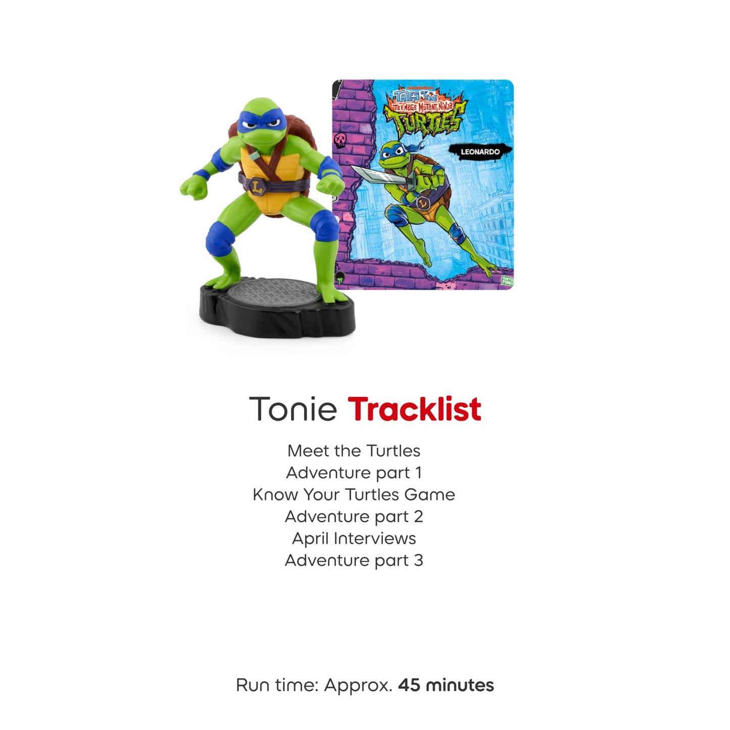 Close up view of the collectible TMNT Leonardo audio toy showcasing premium packaging elements.
