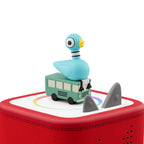 Tonies Mo Willems' The Pigeon character figurine placed on top of a Toniebox audio player