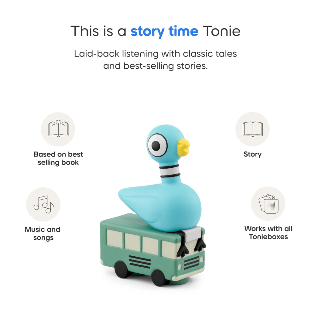Packaging box for the imported USA version of Tonies Mo Willems' The Pigeon Series audio figurine