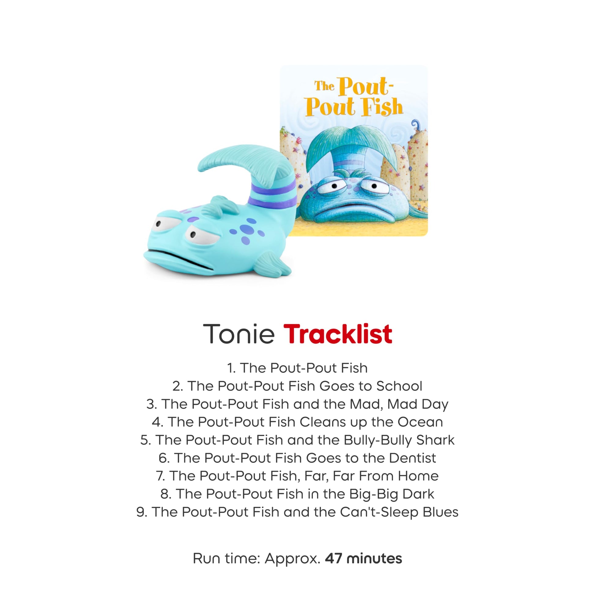 Tonies Pout Pout Fish educational toy packaging highlighting nine story tracklist