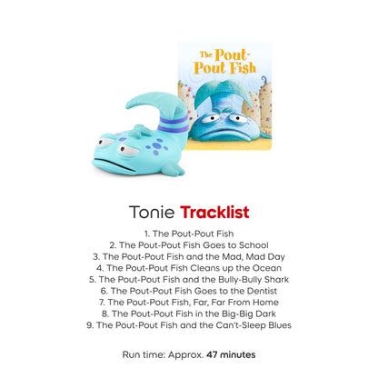 Tonies Pout Pout Fish educational toy packaging highlighting nine story tracklist