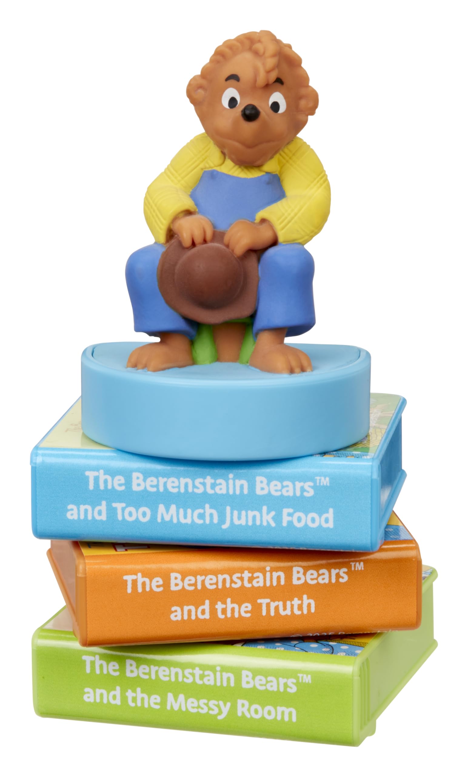 Close up of the Papa Bear audio character figure and the three interactive storybooks included in the good lessons set