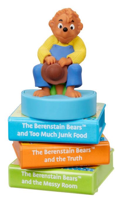 Close up of the Papa Bear audio character figure and the three interactive storybooks included in the good lessons set