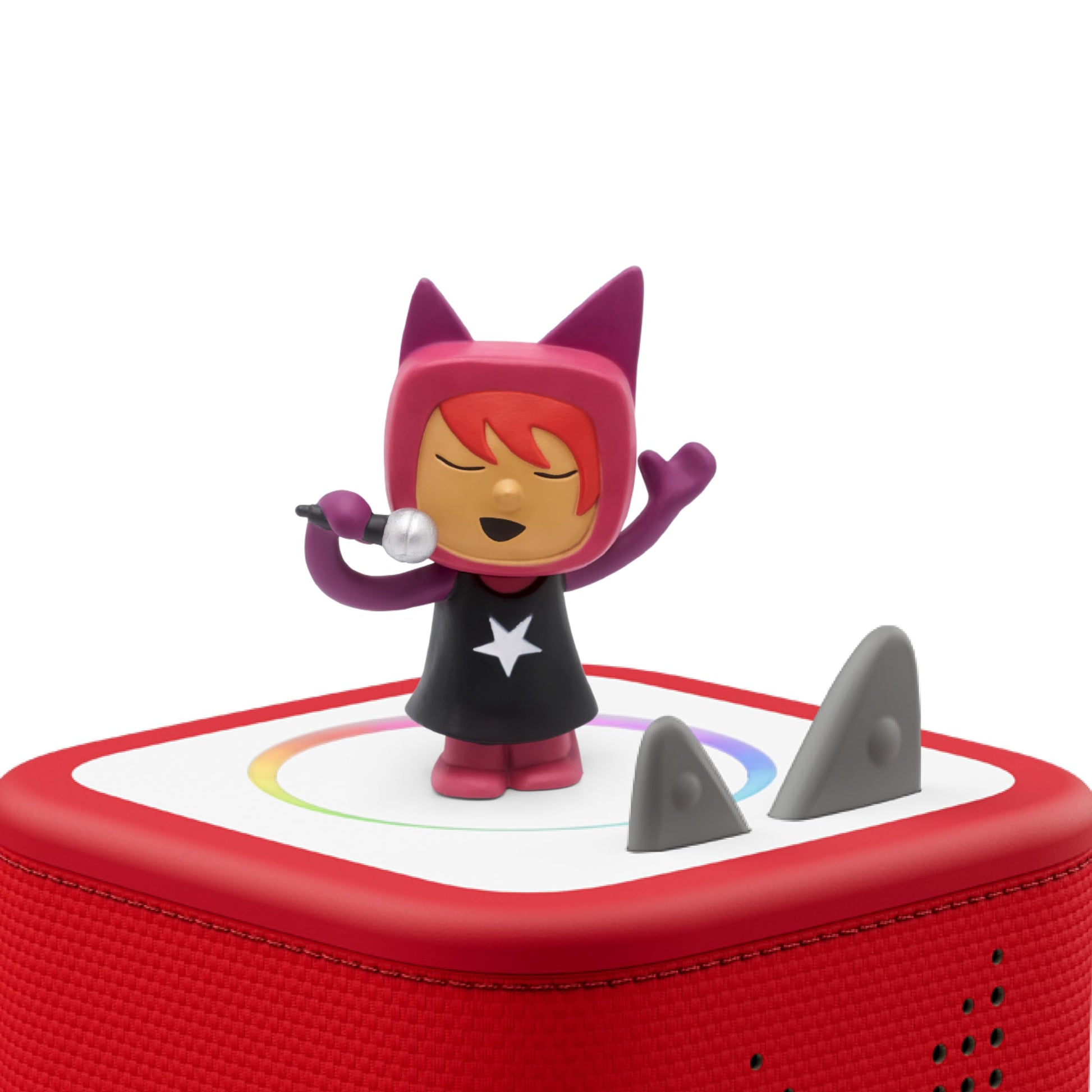 Tonies Singer Creative character sitting on top of a compatible audio box system