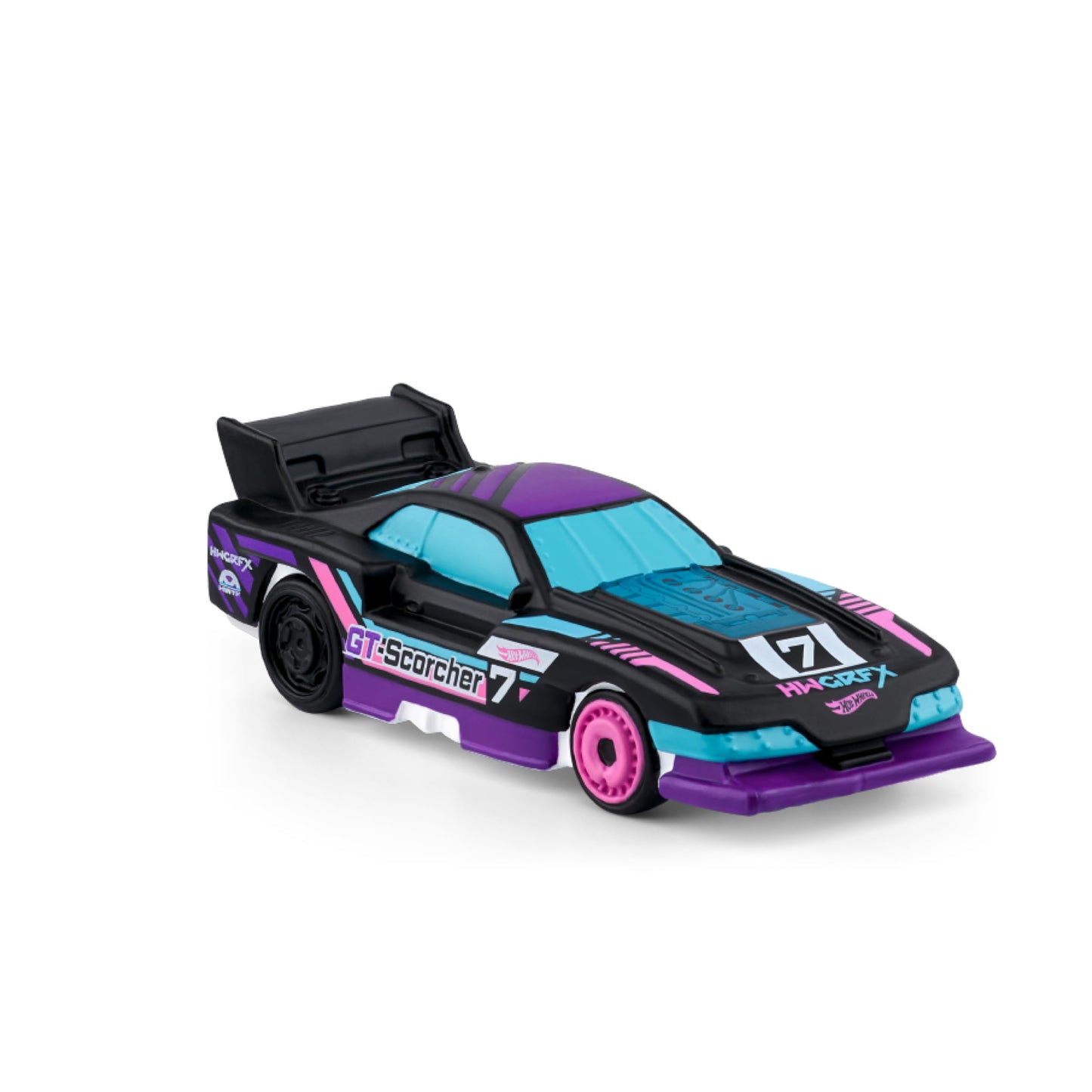 Tonies Hot Wheels figurine positioned on top of a red Toniebox audio player ready for storytime.