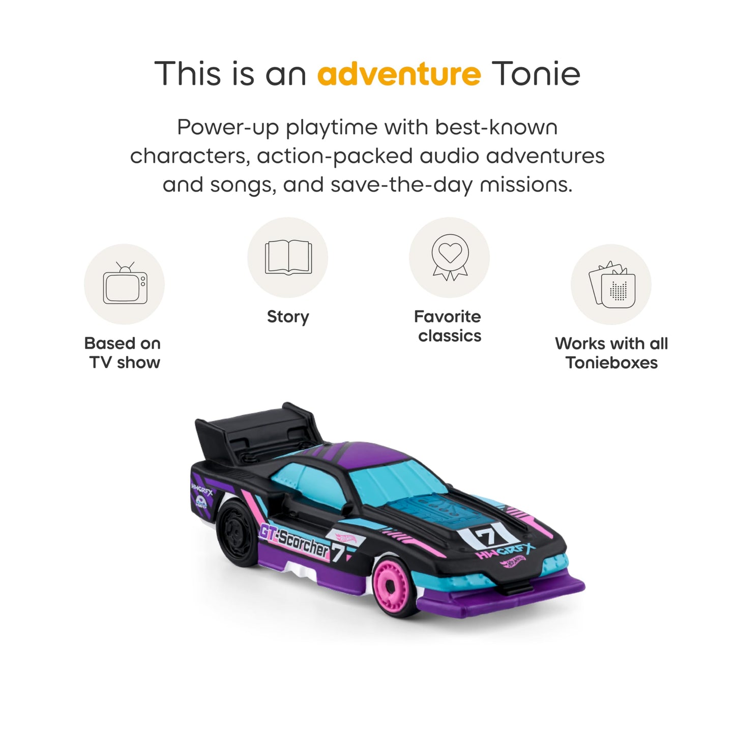 Close up packaging view of the authentic imported Tonies Hot Wheels educational toy collection.
