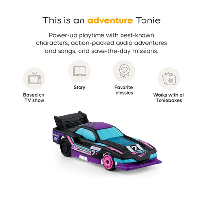 Close up packaging view of the authentic imported Tonies Hot Wheels educational toy collection.